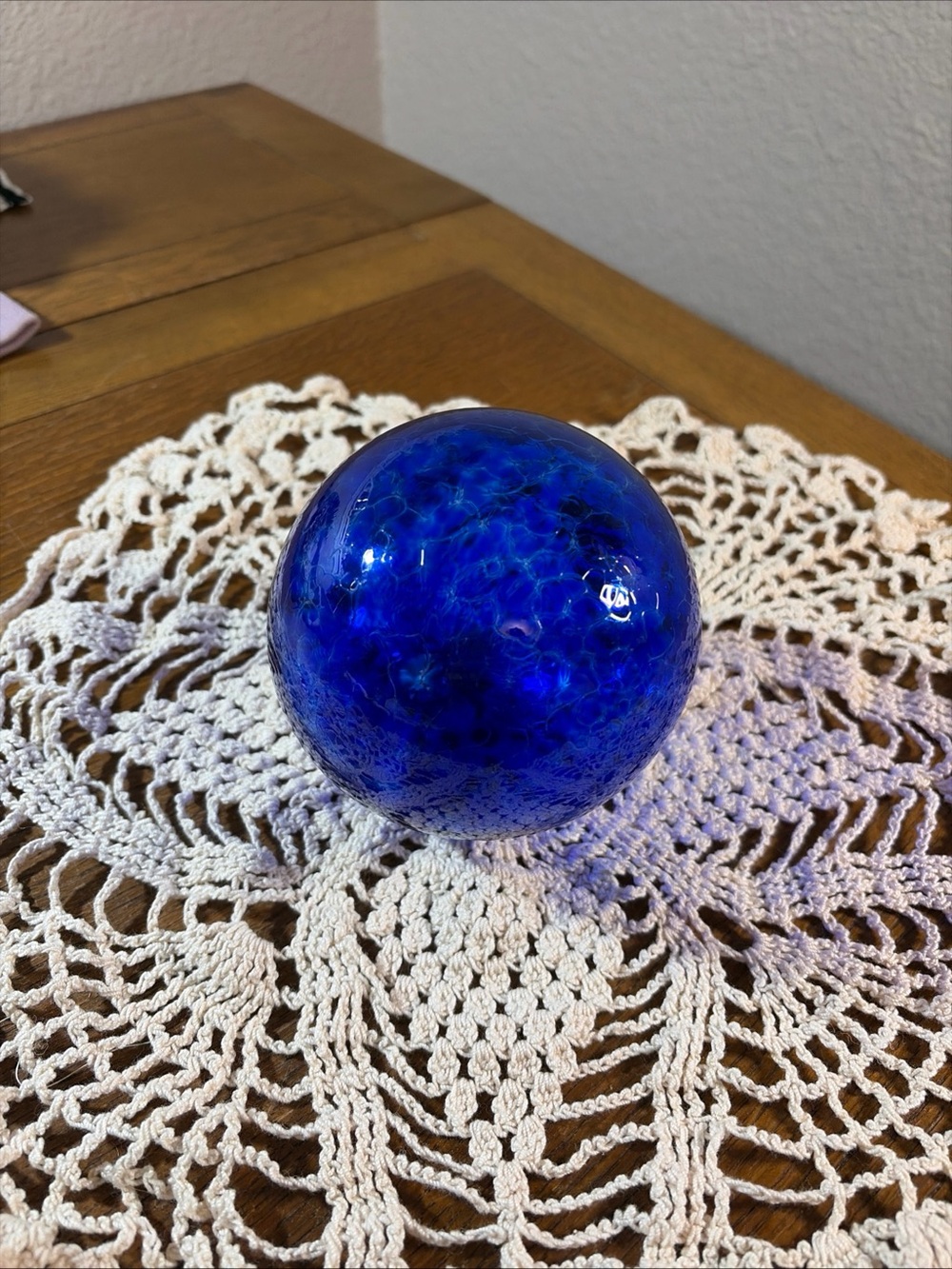 Cobalt Blue Hand Blown Art Glass Orb Crackle FriendShip Ball